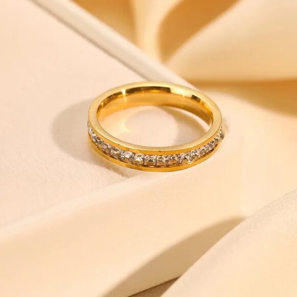 3/$35 Stainless Steel Gold Plated Eternity Band Ring Rhinestones Crystal Zircon - Picture 1 of 6